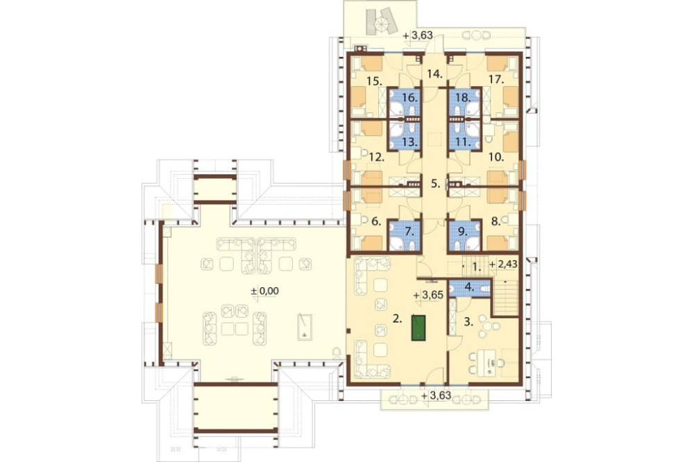Projekt budynku gastronomiczno - motelowego DM-6830, parterowy z poddaszem użytkowym, bez podpiwniczenia i bez garażu - rzut poddasza