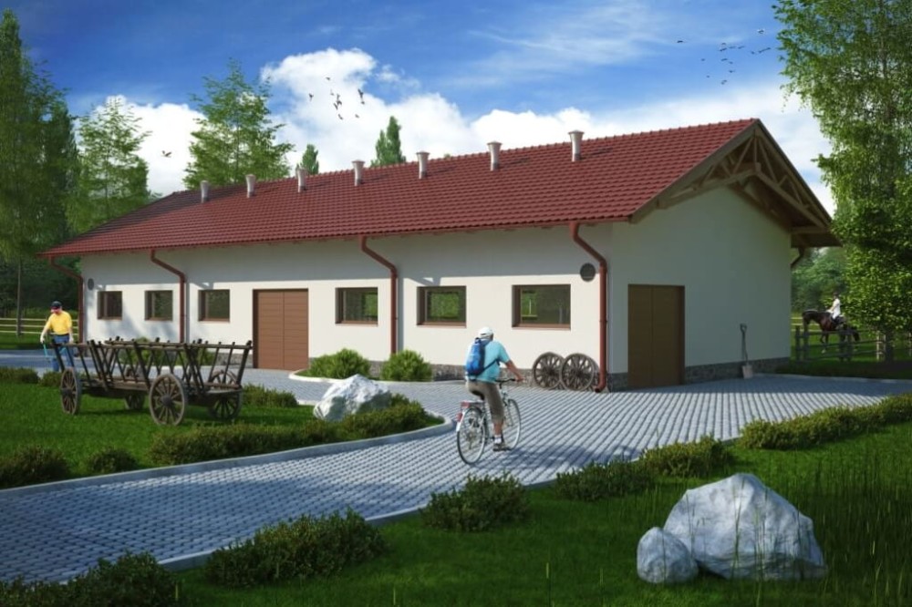 Projekt obory LZG-71, parterowy, niepodpiwniczony, bez poddasza - kolorystyka wersja 1