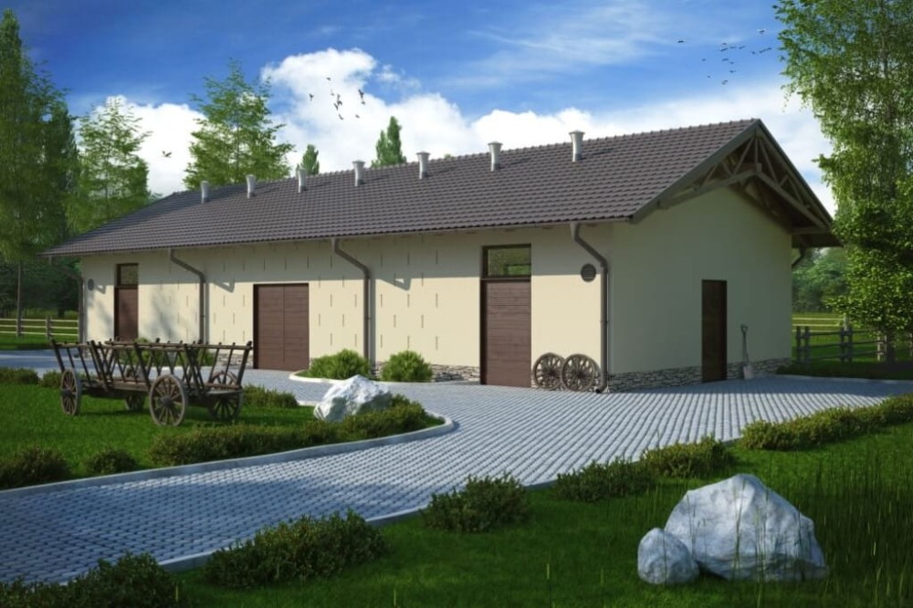 Projekt stajni LZG-73, parterowy, niepodpiwniczony, bez poddasza - kolorystyka wersja 4