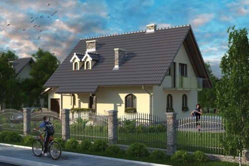 Projekt domu Zakliczyn L-6006, parterowy z użytkowym poddaszem, z garażem jednostanowiskowym, niepodpiwniczony - kolorystyka wersja 1