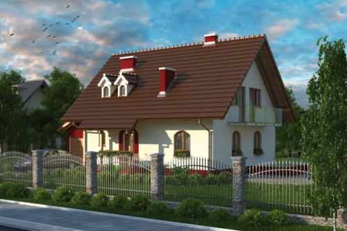 Projekt domu Zakliczyn L-6006, parterowy z użytkowym poddaszem, z garażem jednostanowiskowym, niepodpiwniczony - kolorystyka wersja 2