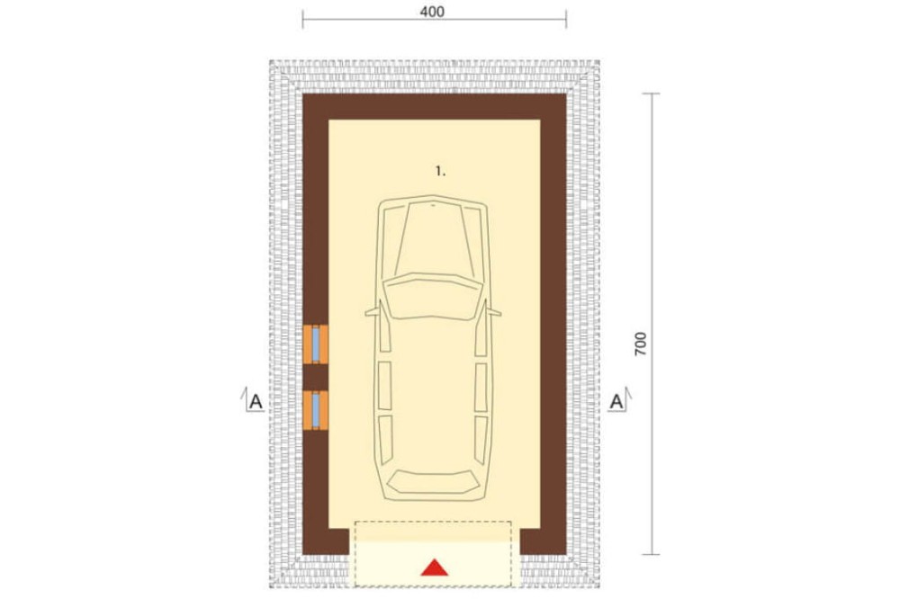 Projekt garażu jednostanowiskowego ZG-40, parterowy, bez podpiwniczenia - rzut parteru