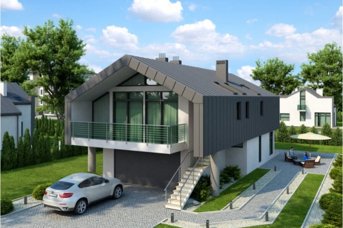 Projekt domu Strojnów 2 L-6505, parterowy z użytkowym poddaszem, z garażem dwustanowiskowym, bez podpiwniczenia - kolorystyka wersja 1