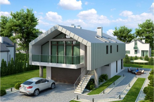 Projekt domu Strojnów 2 L-6505, parterowy z użytkowym poddaszem, z garażem dwustanowiskowym, bez podpiwniczenia - kolorystyka wersja 2