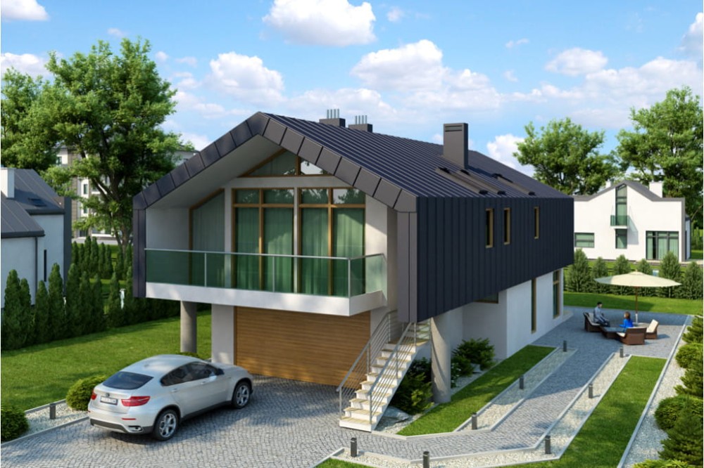Projekt domu Strojnów 2 L-6505, parterowy z użytkowym poddaszem, z garażem dwustanowiskowym, bez podpiwniczenia - kolorystyka wersja 3