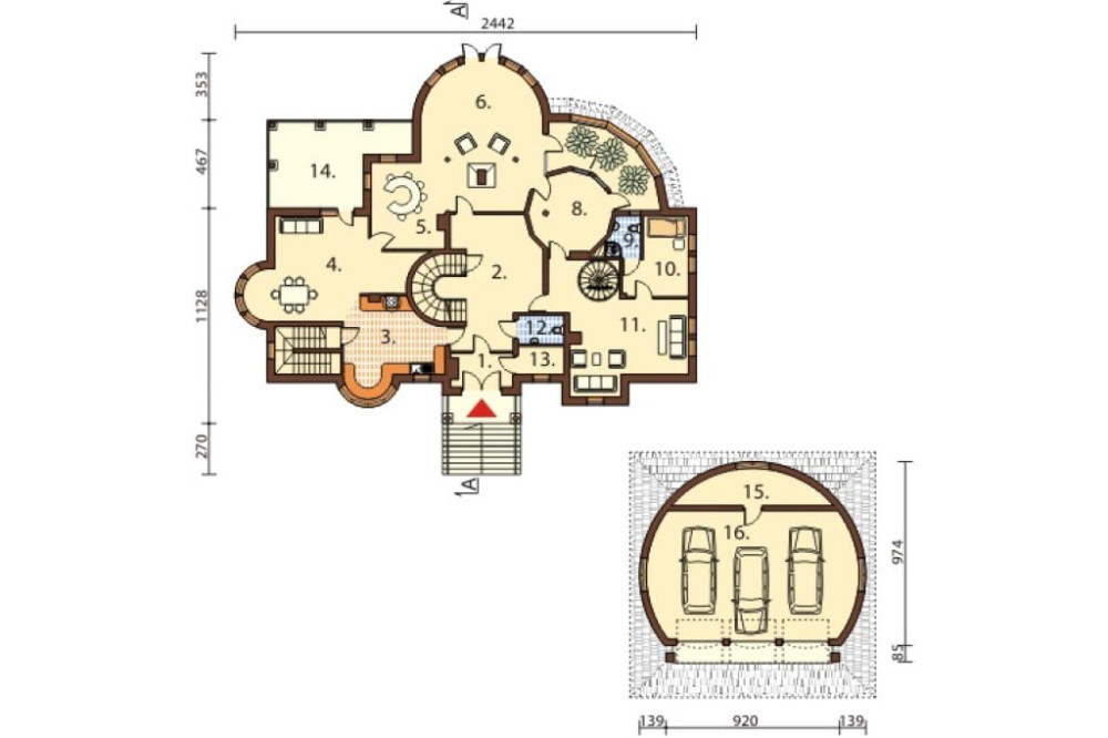 Projekt domu Grodziec RW-08, piętrowy, z wolnostojącym garażem trzystanowiskowym, podpiwniczony - rzut parteru