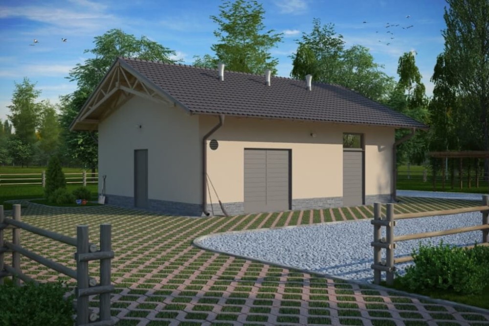 Projekt stajni LZG-67, parterowy, niepodpiwniczony, bez poddasza - kolorystyka wersja 3