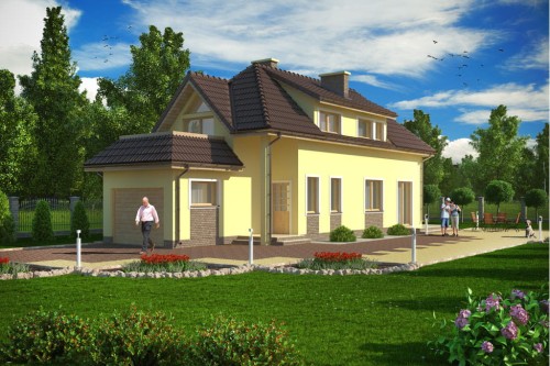 Projekt domu Miłkowo C DM-5588 C, parterowy z poddaszem mieszkalnym, z garażem, bez podpiwniczenia, na wąską działkę - kolorystyka wersja 1