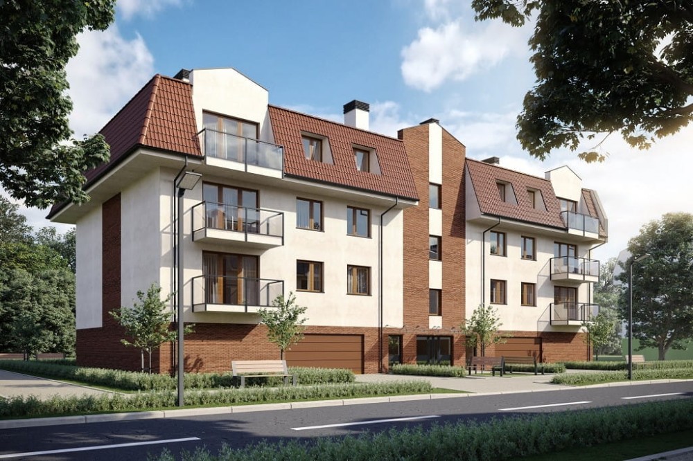Projekt budynku wielorodzinnego DM-6793, czterokondygnacyjny z garażem wielostanowiskowym, bez podpiwniczenia - kolorystyka wersja 2