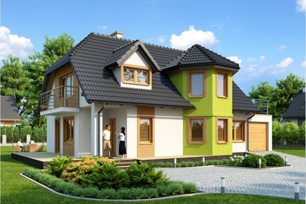 Projekt domu Bronowice DM-6325, dwurodzinny, parterowy z poddaszem mieszkalnym, bez podpiwniczenia, z garażem - kolorystyka wersja 1