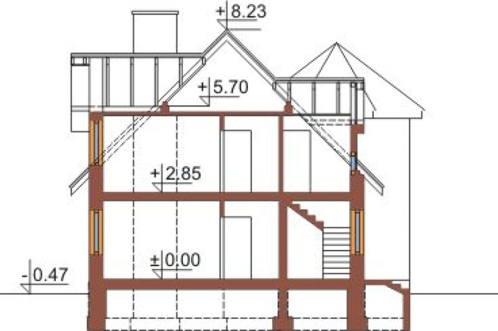 Projekt domu Bronowice DM-6325, dwurodzinny, parterowy z poddaszem mieszkalnym, bez podpiwniczenia, z garażem - przekrój A-A