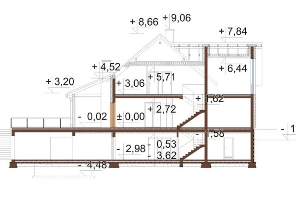 Projekt domu Adix DM-6862, parterowy z poddaszem użytkowym, podpiwniczony, z garażem dwustanowiskowym – przekrój A-A