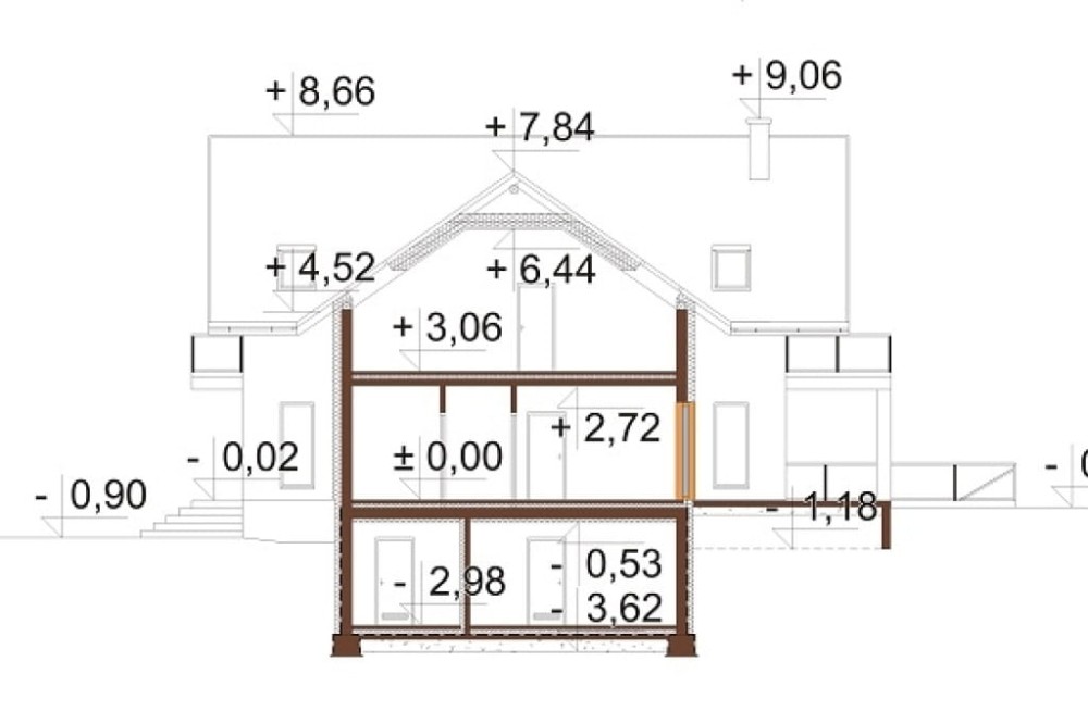 Projekt domu Adix DM-6862, parterowy z poddaszem użytkowym, podpiwniczony, z garażem dwustanowiskowym – przekrój B-B