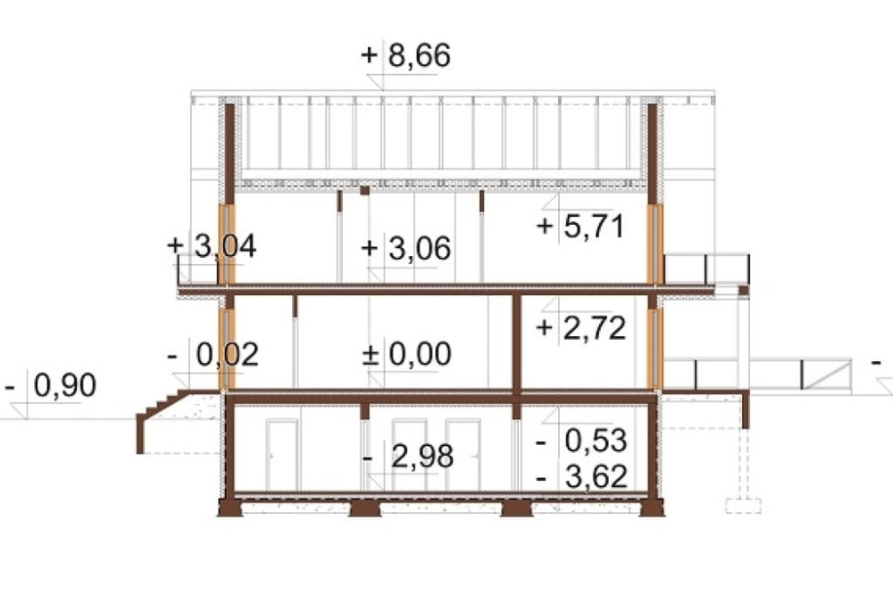 Projekt domu Adix DM-6862, parterowy z poddaszem użytkowym, podpiwniczony, z garażem dwustanowiskowym – przekrój C-C