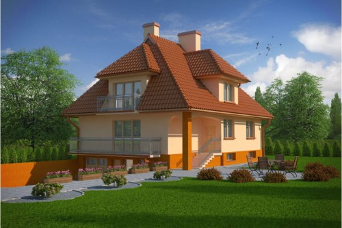 Projekt domu Głogowiec DM-6103,  parterowy z garażem, z poddaszem użytkowym, podpiwniczony - kolorystyka wersja 2