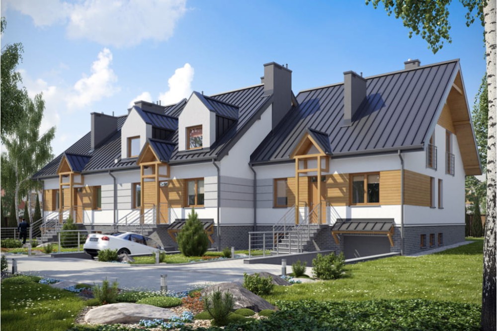 Projekt domu Lesko DM-6146, w zabudowie szeregowej, parterowy z poddaszem mieszkalnym, częściowo podpiwniczony, z garażem - kolorystyka wersja 1
