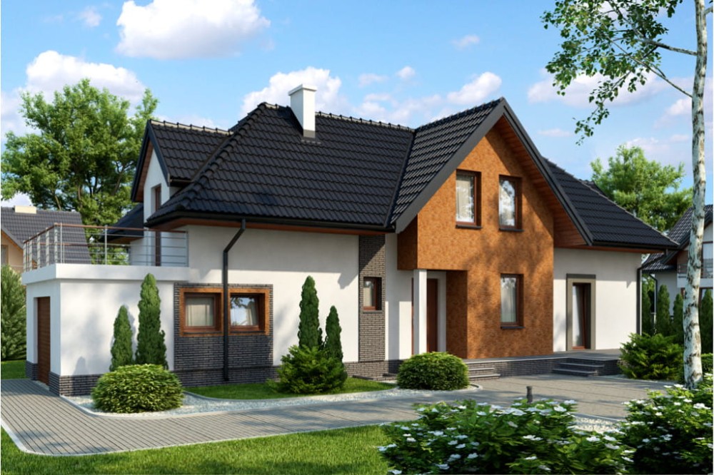 Projekt domu Racholin DM-6408, parterowy z poddaszem użytkowym, z garażem jednostanowiskowym, częściowo podpiwniczony - kolorystyka wersja 1
