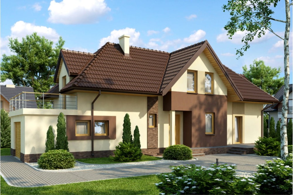 Projekt domu Racholin DM-6408, parterowy z poddaszem użytkowym, z garażem jednostanowiskowym, częściowo podpiwniczony - kolorystyka wersja 2