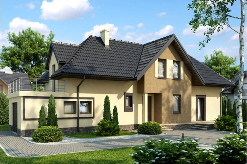 Projekt domu Racholin DM-6408, parterowy z poddaszem użytkowym, z garażem jednostanowiskowym, częściowo podpiwniczony - kolorystyka wersja 3
