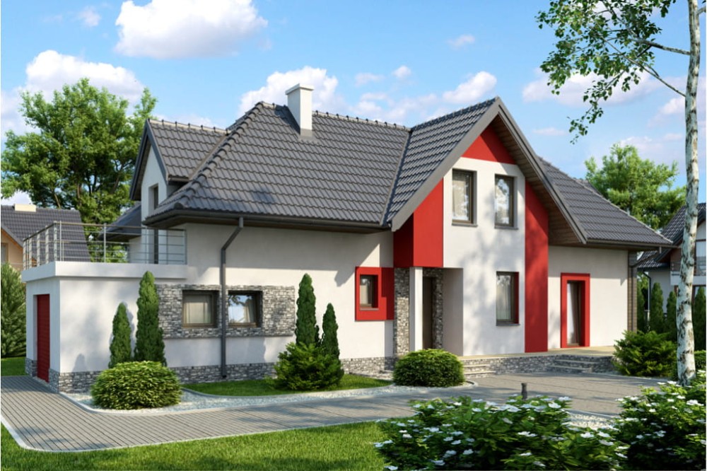 Projekt domu Racholin DM-6408, parterowy z poddaszem użytkowym, z garażem jednostanowiskowym, częściowo podpiwniczony - kolorystyka wersja 4