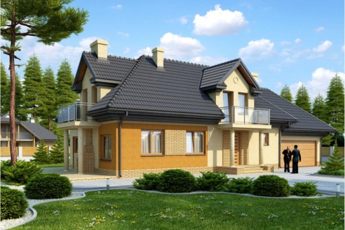 Projekt domu Zabierzów DM-6335, parterowy z poddaszem mieszkalnym, z garażem dwustanowiskowym, bez podpiwniczenia - kolorystyka wersja 1