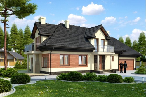 Projekt domu Zabierzów DM-6335, parterowy z poddaszem mieszkalnym, z garażem dwustanowiskowym, bez podpiwniczenia - kolorystyka wersja 2