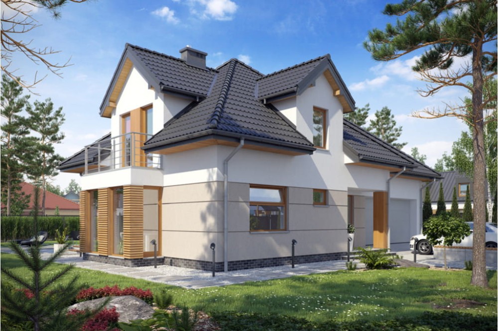 Projekt domu Augustów DM-6416, parterowy z poddaszem mieszkalnym, bez podpiwniczenia, z garażem - kolorystyka wersja 1