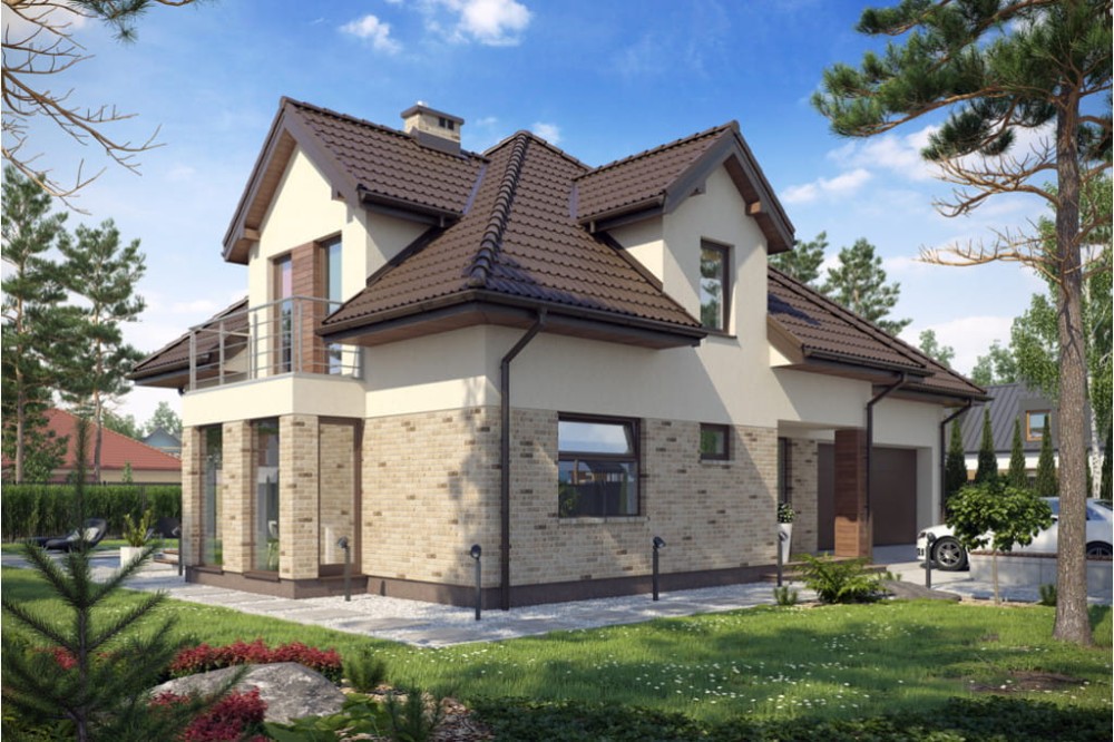 Projekt domu Augustów DM-6416, parterowy z poddaszem mieszkalnym, bez podpiwniczenia, z garażem - kolorystyka wersja 2