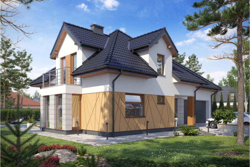 Projekt domu Augustów DM-6416, parterowy z poddaszem mieszkalnym, bez podpiwniczenia, z garażem - kolorystyka wersja 3