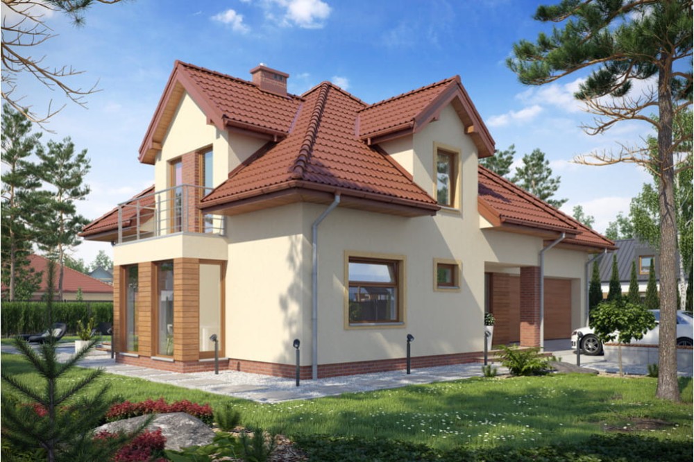 Projekt domu Augustów DM-6416, parterowy z poddaszem mieszkalnym, bez podpiwniczenia, z garażem - kolorystyka wersja 4