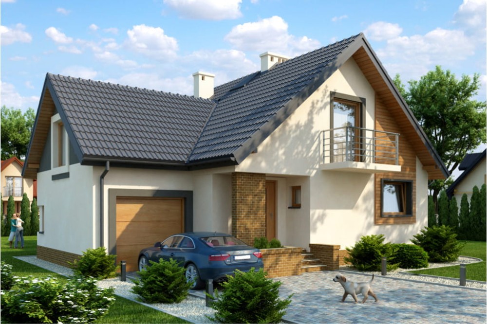Projekt domu Słomiana 2 L-6380, parterowy z garażem, poddaszem mieszkalnym, bez podpiwniczenia-kolorystyka wersja 4