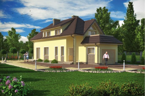 Projekt domu Świdnica C L-5588 C, parterowy z poddaszem mieszkalnym, z garażem, bez podpiwniczenia, na wąską działkę - kolorystyka wersja 1
