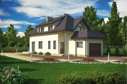 Projekt domu Świdnica C L-5588 C, parterowy z poddaszem mieszkalnym, z garażem, bez podpiwniczenia, na wąską działkę - kolorystyka wersja 2