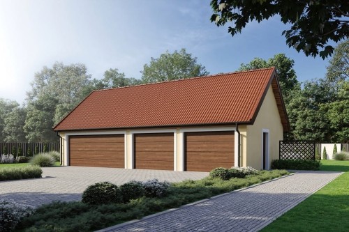Projekt garażu czterostanowiskowego LZG-114, parterowy, ze strychem, niepodpiwniczony - kolorystyka wersja 2