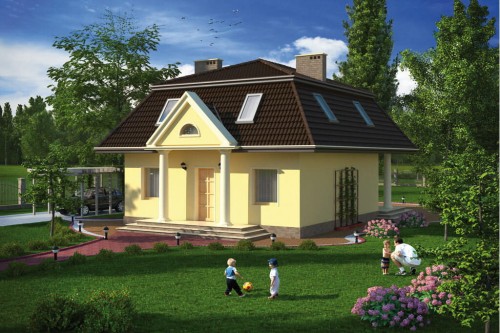 Projekt domu Przybysławice 2 L-5530, parterowy z poddaszem mieszkalnym, częściowo podpiwniczony - kolorystyka wersja 1