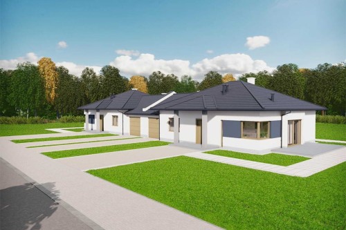 Projekt domu Ercor BL  DM-6877 BL, parterowy, niepodpiwniczony, z garażem  -wizualizacja elewacji ogrodowej