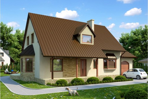Projekt domu Radolin L-6110, parterowy z garażem, z poddaszem mieszkalnym, bez podpiwniczenia - kolorystyka wersja 1