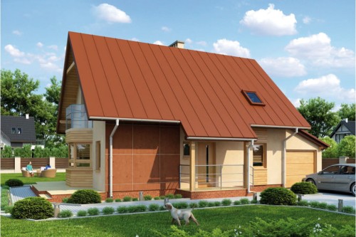 Projekt domu Puzary L-6294, parterowy z poddaszem użytkowym, z garażem jednostanowiskowym, częściowo podpiwniczony - kolorystyka wersja 2