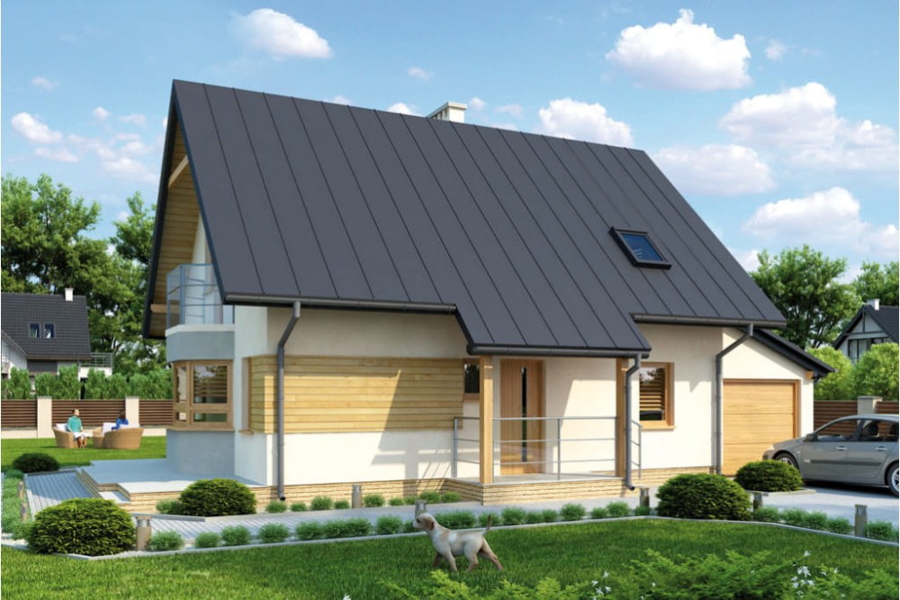 Projekt domu Puzary L-6294, parterowy z poddaszem użytkowym, z garażem jednostanowiskowym, częściowo podpiwniczony - kolorystyka wersja 4