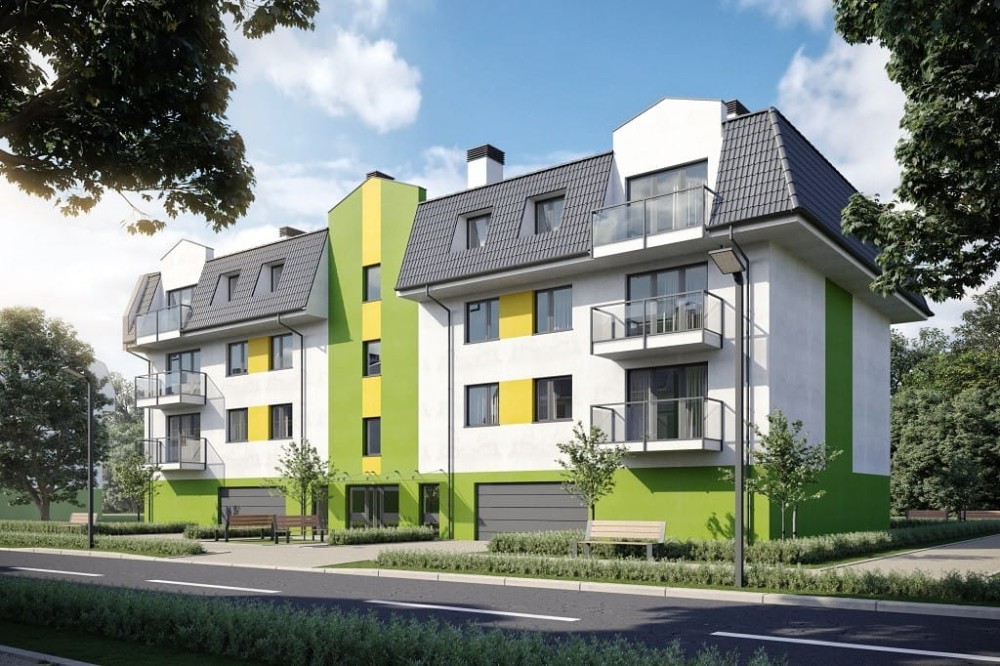 Projekt budynku wielorodzinnego L-6793, czterokondygnacyjny z garażem wielostanowiskowym, bez podpiwniczenia - kolorystyka wersja 1
