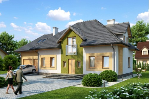 Projekt domu Astry 2 L-6572, parterowy z poddaszem mieszkalnym, niepodpiwniczony, z garażem dwustanowiskowym - kolorystyka wersja 1