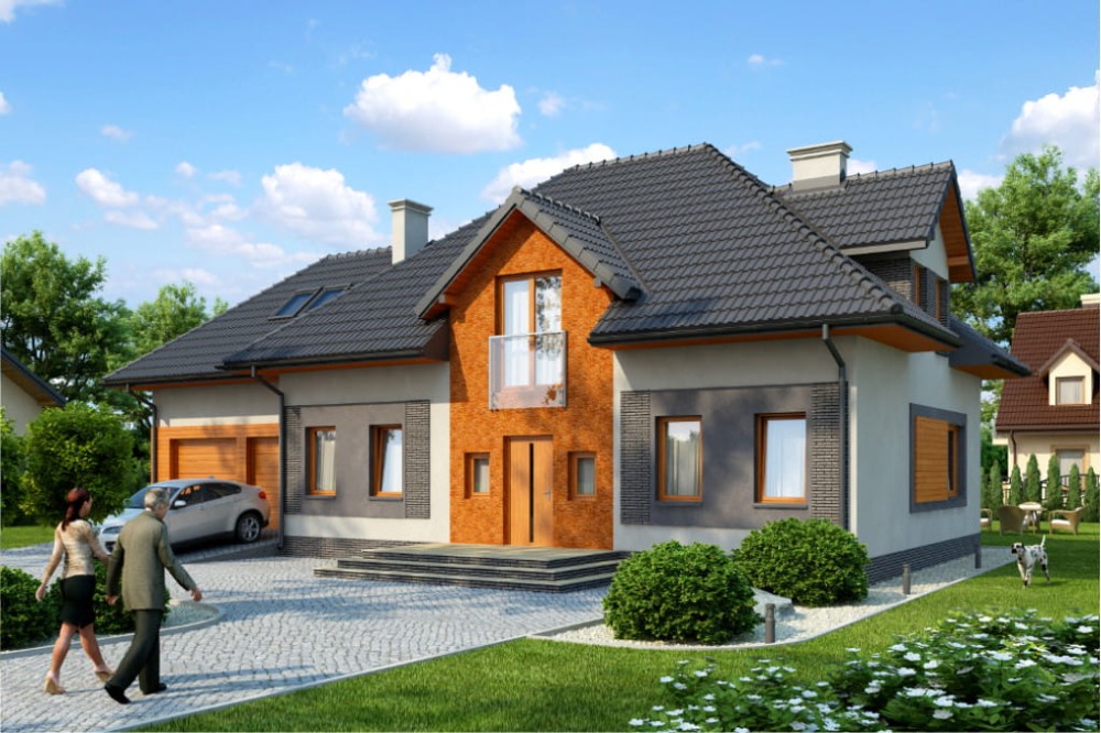 Projekt domu Astry 2 L-6572, parterowy z poddaszem mieszkalnym, niepodpiwniczony, z garażem dwustanowiskowym - kolorystyka wersja 4