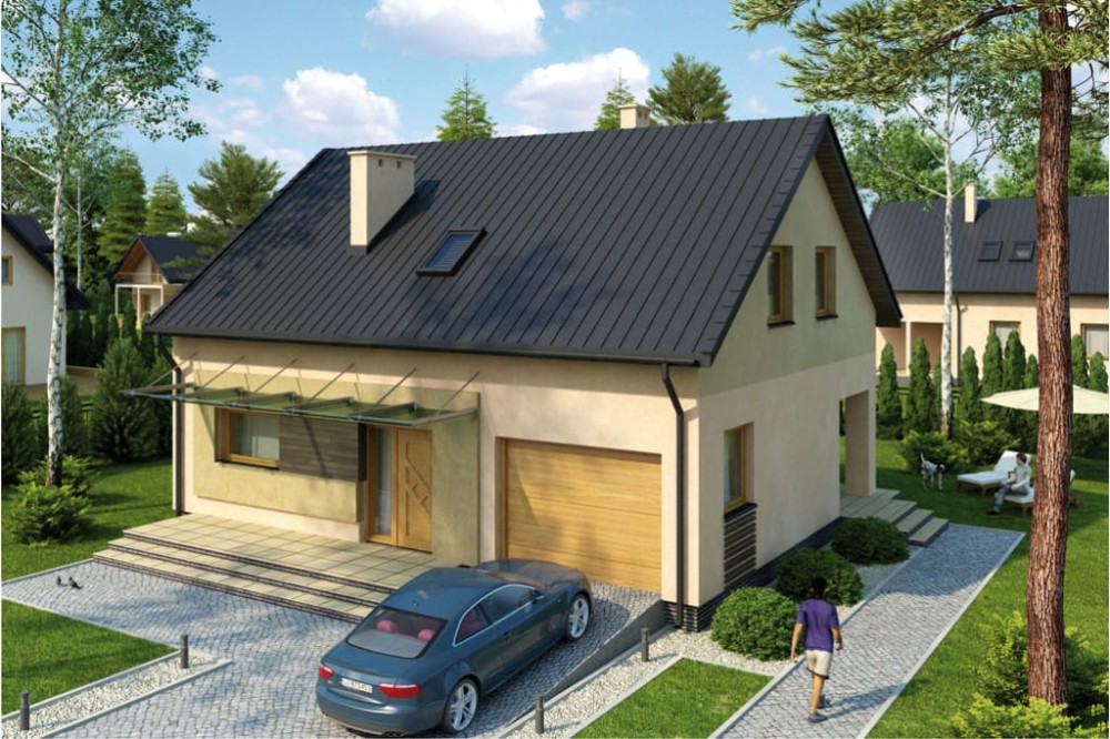 Projekt domu Okołowice 2 L-6068, parterowy z garażem, poddaszem mieszkalnym, częściowo podpiwniczony - kolorystyka wersja 1