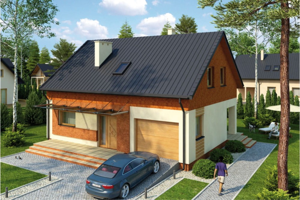 Projekt domu Okołowice 2 L-6068, parterowy z garażem, poddaszem mieszkalnym, częściowo podpiwniczony - kolorystyka wersja 2