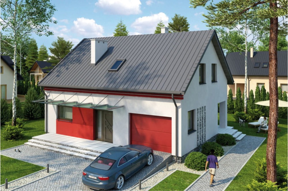 Projekt domu Okołowice 2 L-6068, parterowy z garażem, poddaszem mieszkalnym, częściowo podpiwniczony - kolorystyka wersja 3