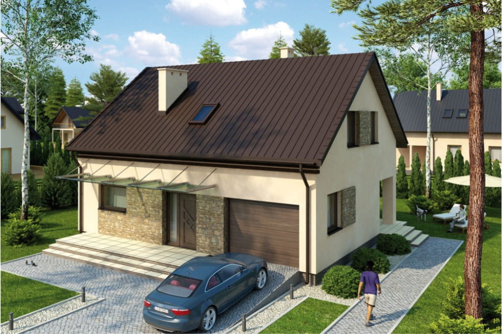 Projekt domu Okołowice 2 L-6068, parterowy z garażem, poddaszem mieszkalnym, częściowo podpiwniczony - kolorystyka wersja 4