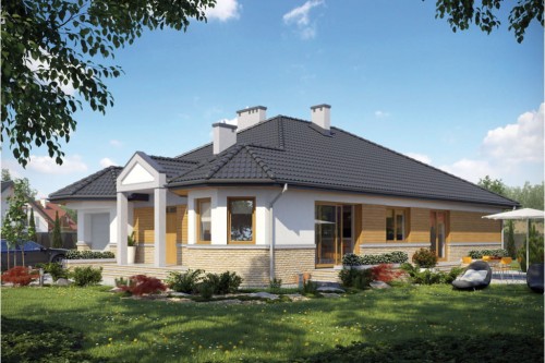 Projekt domu Dobczyce 2 L-6329, parterowy, z garażem, z poddaszem nieużytkowym, bez podpiwniczenia - kolorystyka wersja 1