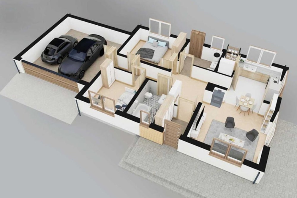 Projekt domu Adra 2 L-6856, parterowy, niepodpiwniczony,  z garażem dwustanowiskowym - rzut 3D parteru