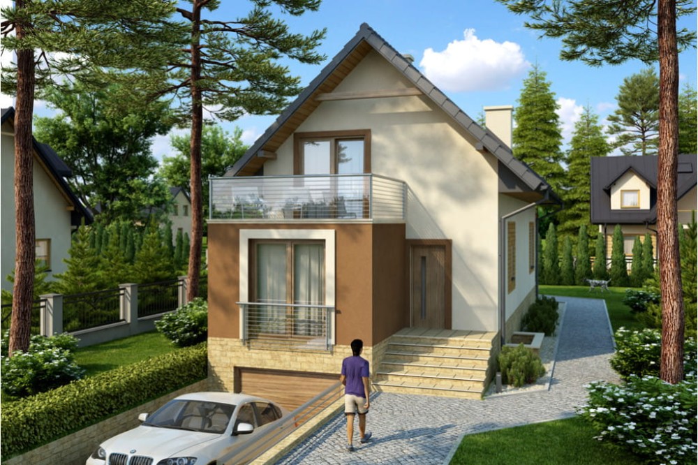 Projekt domu Radomsko DM-6446, parterowy z poddaszem mieszkalnym, częściowo podpiwniczony, z garażem - kolorystyka wersja 2