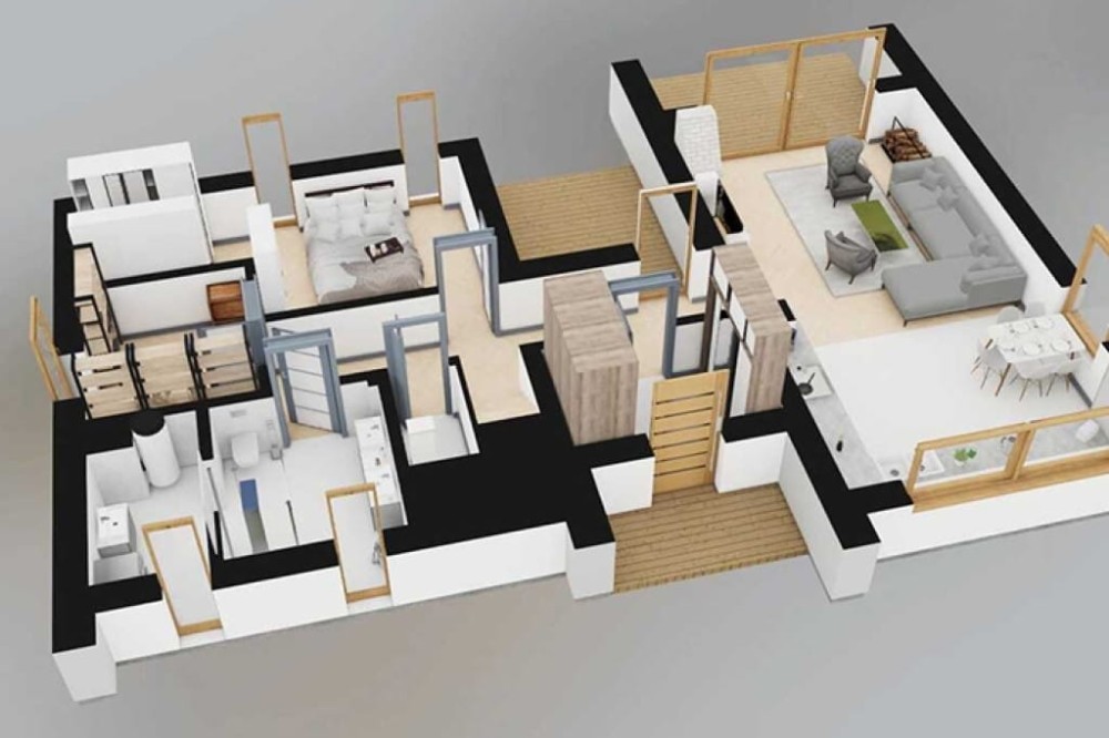 Projekt domu Salone DM-6852, parterowy z poddaszem użytkowym, bez podpiwniczenia, bez garażu - rzut 3D parteru